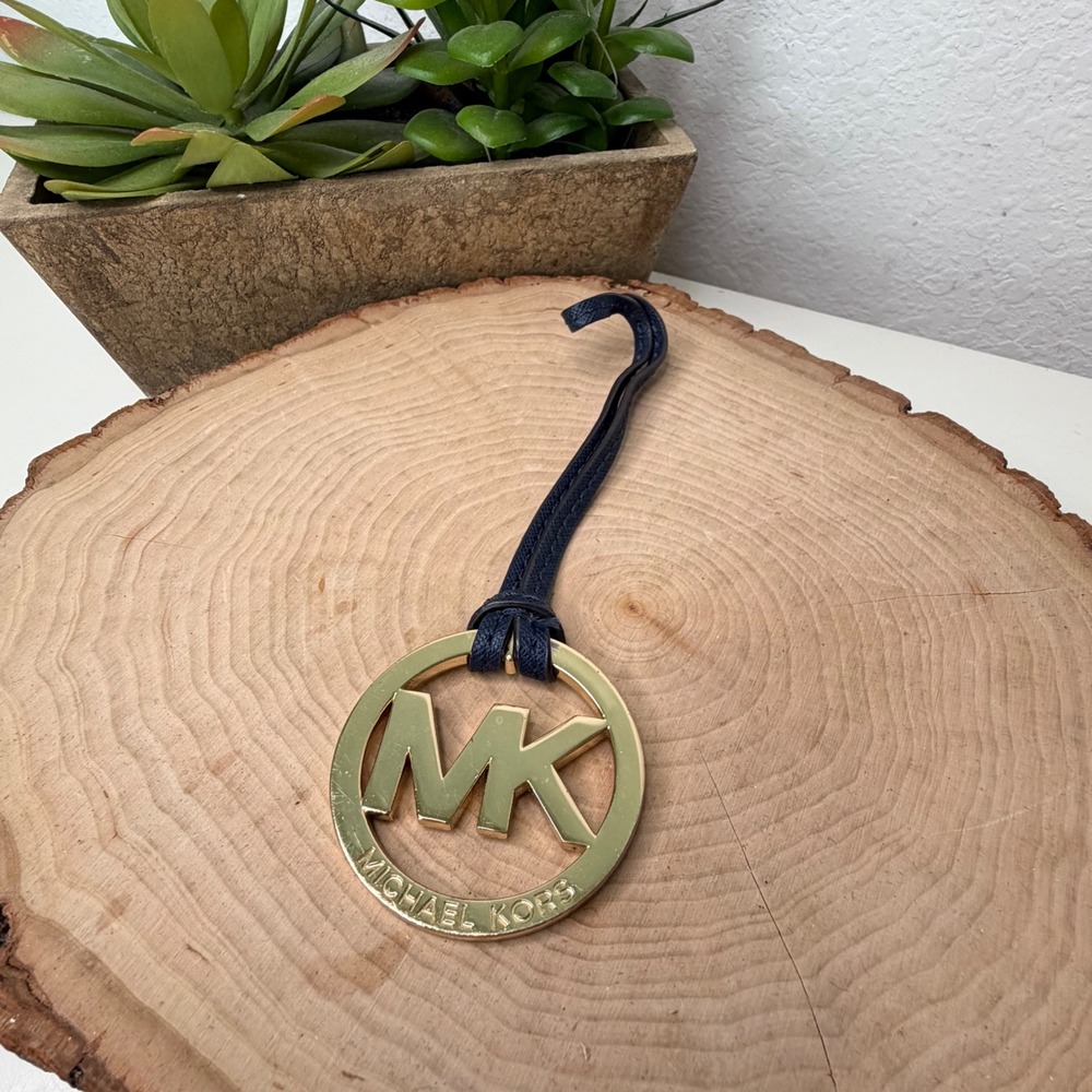 Michael Kors Bag Charm Women Gold Navy MK Logo Medallion Luxury OS